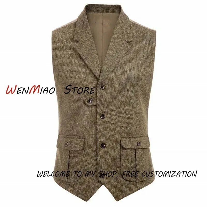 Gilets Gilet de costume en Tweed à chevrons pour hommes, col sur mesure, gilet Vintage Steampunk, noir, marron, vert, 5 boutons