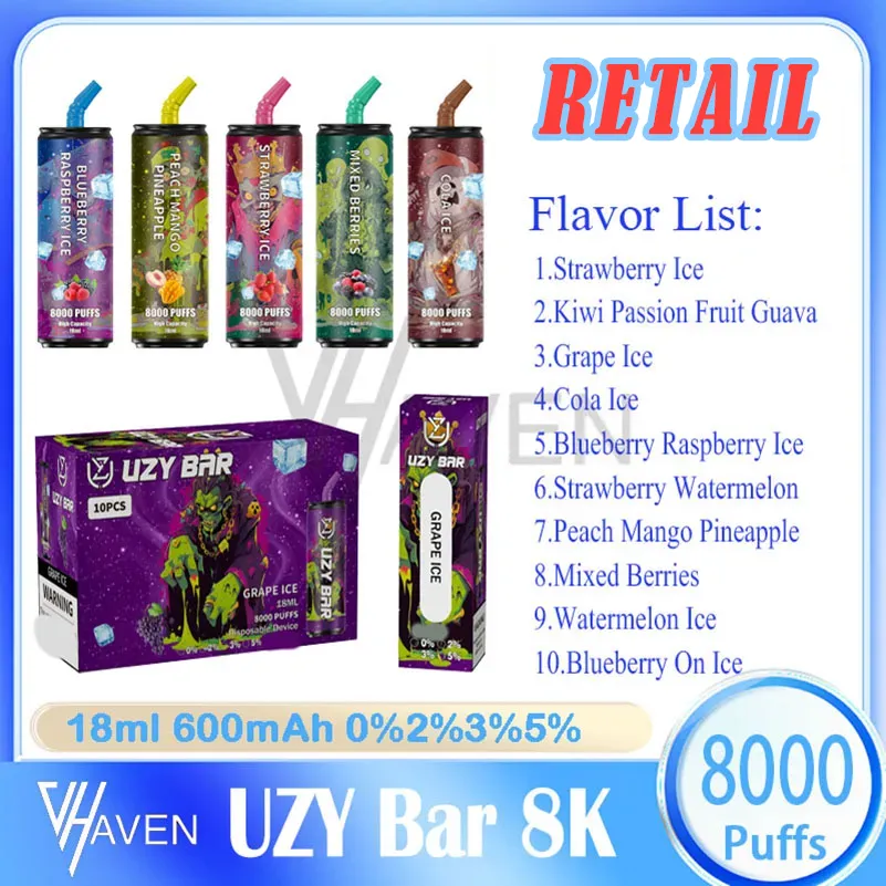 original Uzy Bar 8000 Puff Disposable Vape Pen 18ml Pre-Filled Pod Mesh Coil 600mAh Rechargeable Battery 0%2%3%5% Level Puffs 8k 10 Flavors vapes