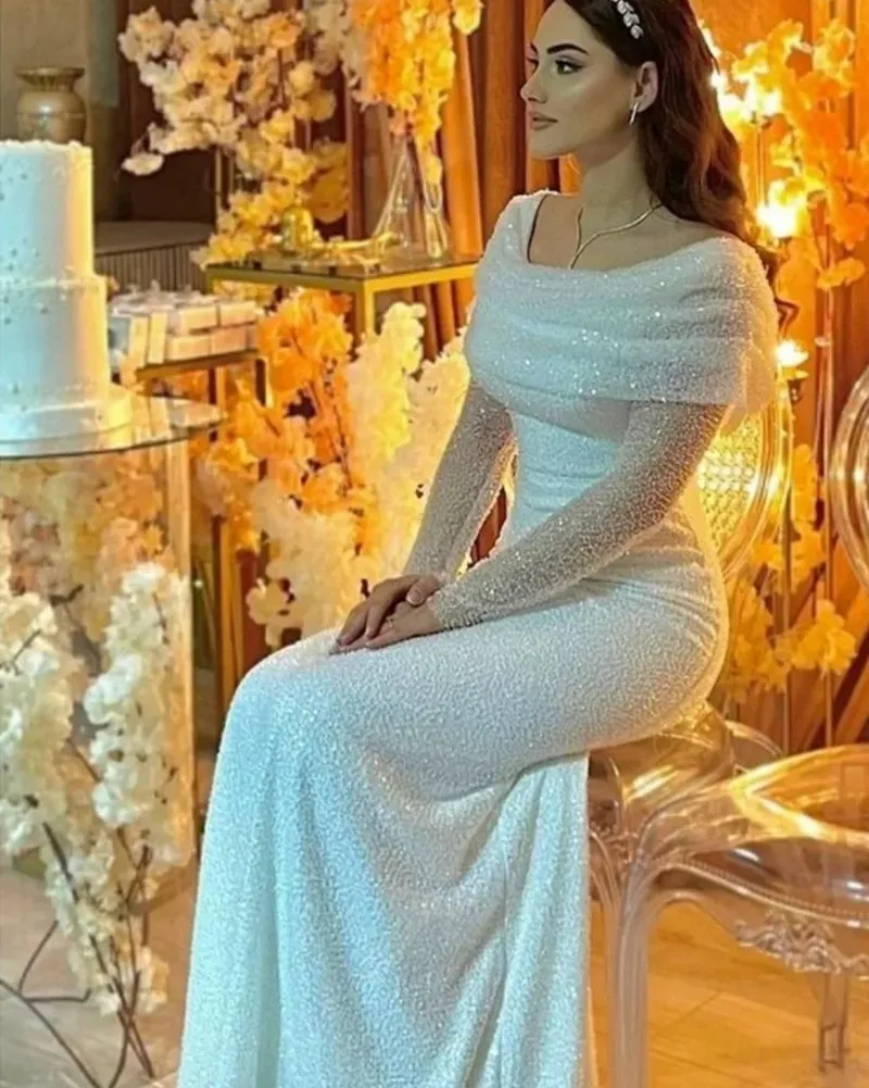 Shiny White Sequins Mermaid Prom Dress 2024 Scoop Long Sleeves Beading Sequins Women Formal Prom Birthday Gown Robe De Soiree