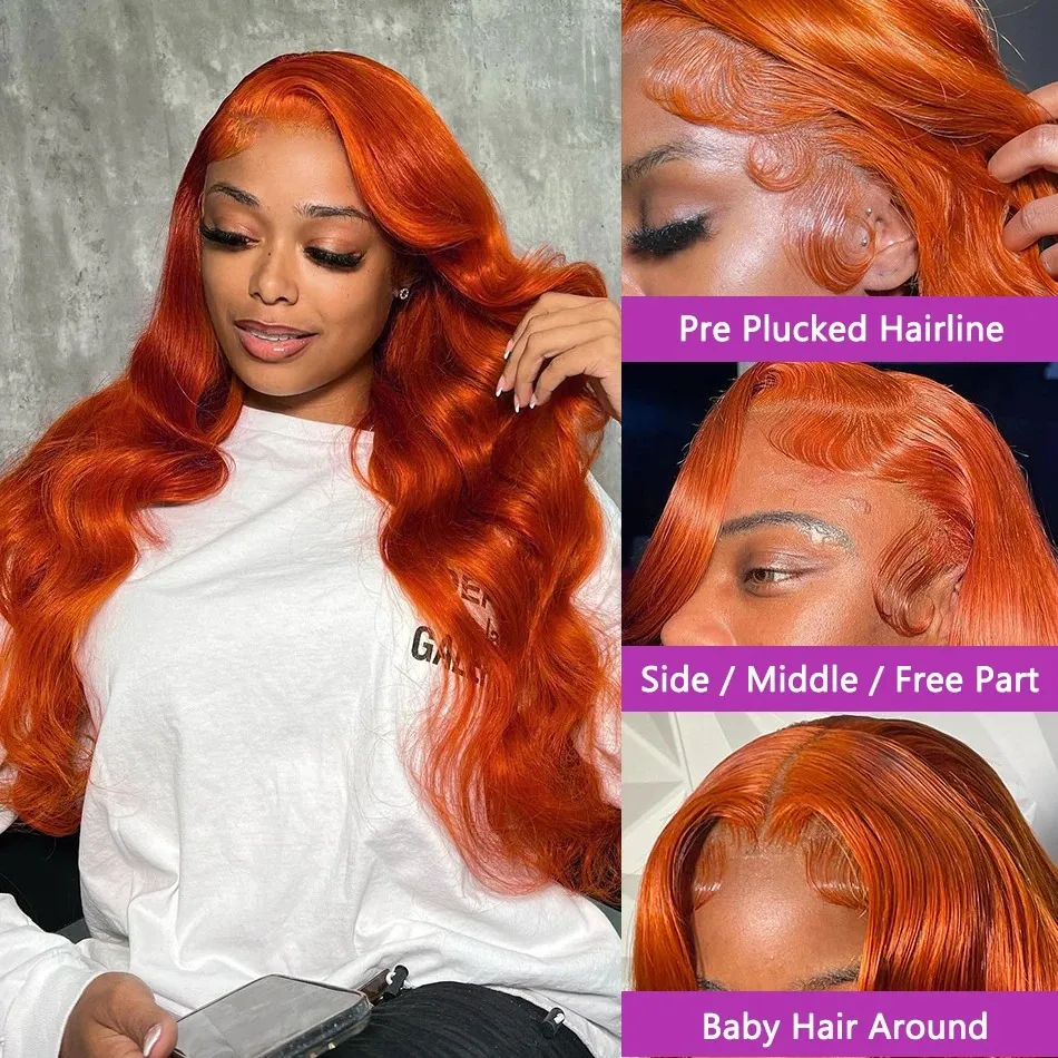 30 36Inch Body Wave Ginger Orange 13x6 HD Lace Front Wigs Colored Human Hair 13x4 Transparent Lace Frontal Wigs Brazilian 250%