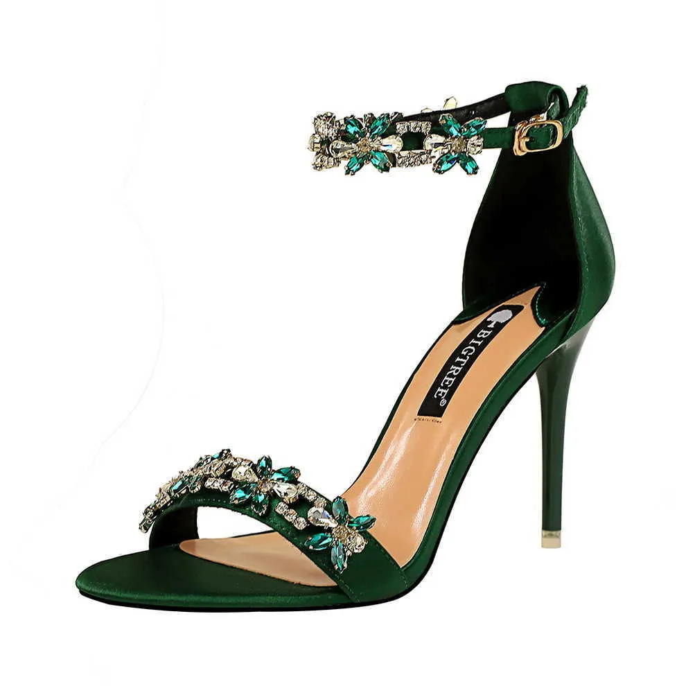 HBP Non-Brand Chaussure Dame Green Rhinestone New Trendy Stiletto High Women Sexy and Elegant Summer Heels