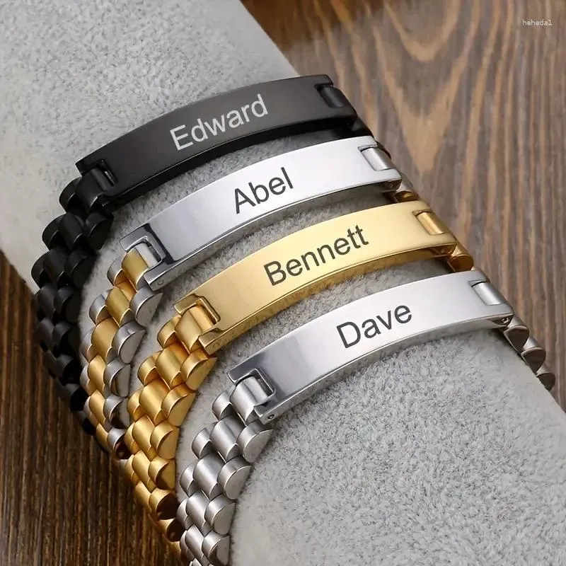 Link Bracelets Personalized Men Stainless Steel Custom Name Engraved Wrist Bangle For Mens