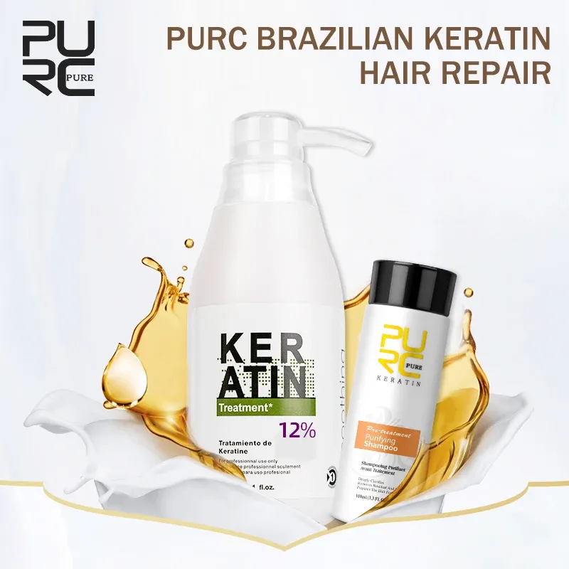 PURC kératine brésilienne 12% formol 300ml traitement à la kératine 100ml shampooing purifiant ensemble de traitement de cheveux lissant