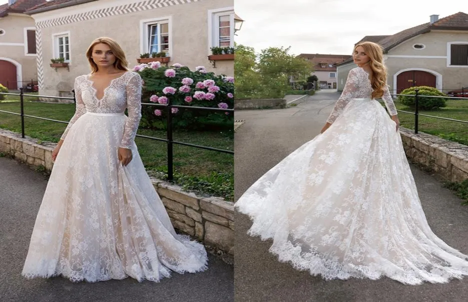 2023 Boho vestido de novia de encaje completo bohemio de manga larga con cuello en V forro de champán una línea vestidos de novia Vestidos de Noiva tamaño personalizado6595279