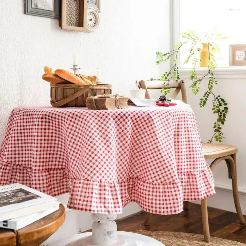 Pano de mesa vermelho xadrez algodão linho redondo plissado jantar desktop capa casa decoração toalhas para festa ao ar livre