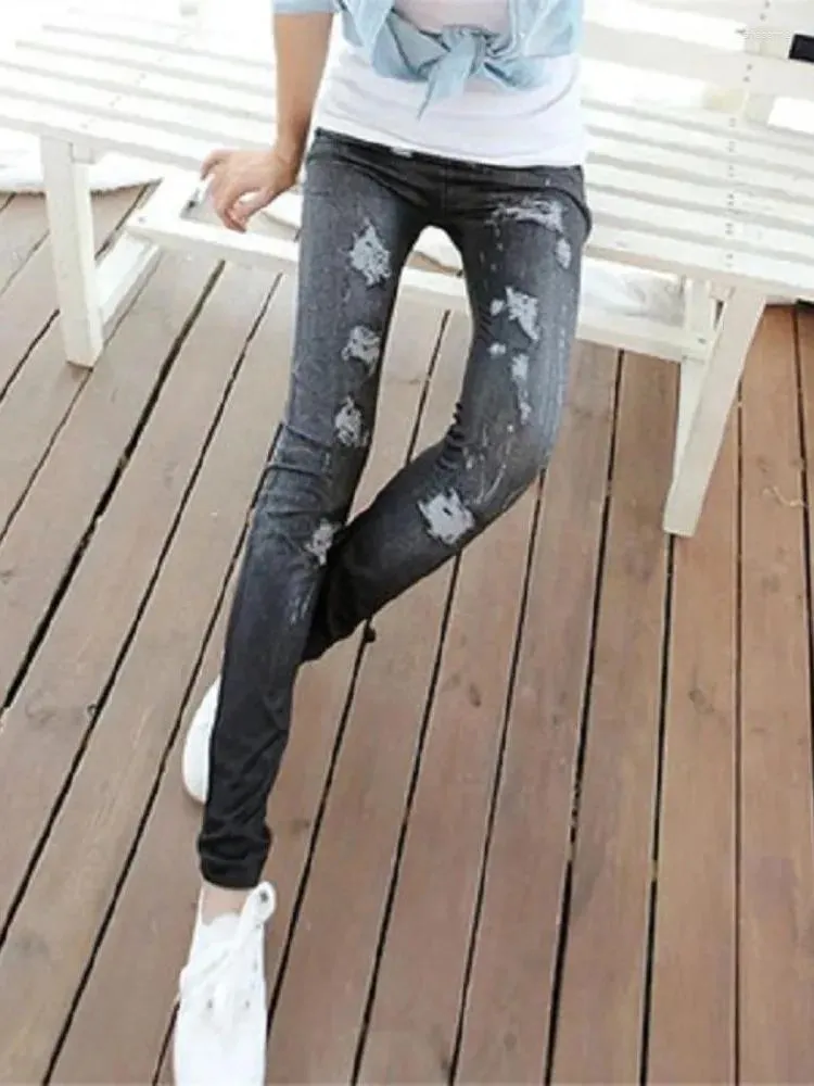 Damesbroeken Hoge elasticiteit Afslanken Dunne imitatie denim leggings Oversized lente/zomer bedrukte bovenkleding cropped