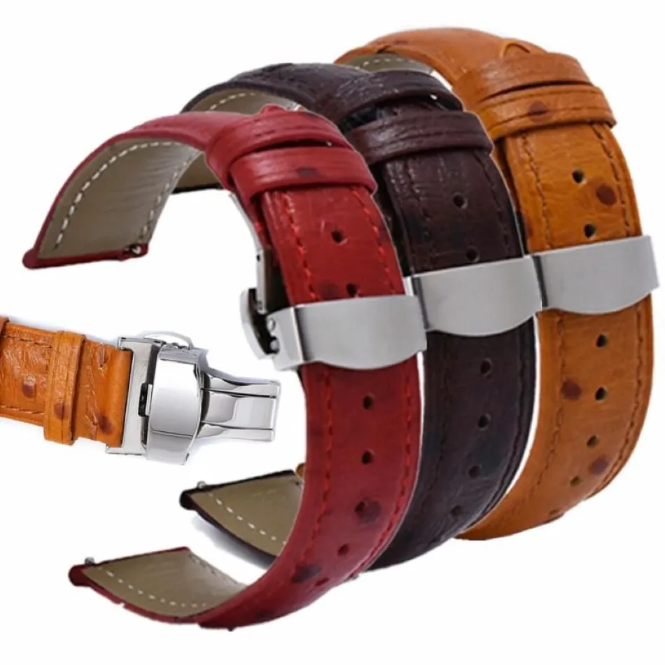 Titta på band Watchband First Layer Double-Sided Leather Strap 20mm 22mm Band rostfritt stål Butterfly Clasp Ostrich mönster264r