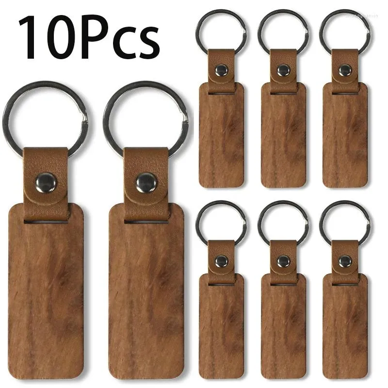 Porte-clés 10pcs vierge PU cuir porte-clés pendentif en bois rectangulaire petit cadeau porte-clés