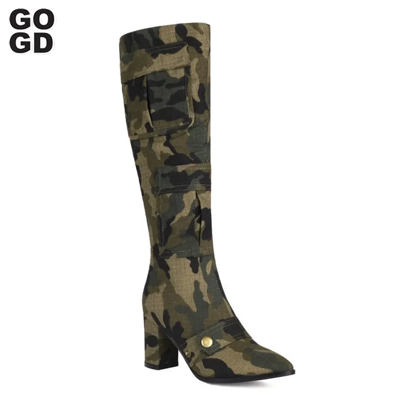 Boots Gogd Fashion Women's The Kne Boots New Chunky High Heels Camouflage Army Green Shoes Kne High Boots Pocket Block Jeans Boots