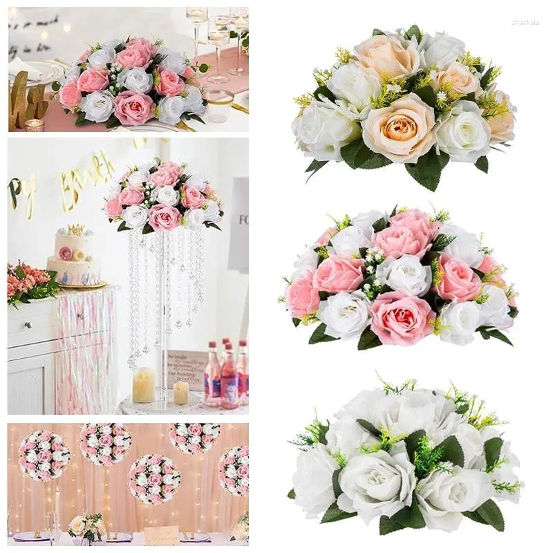 Flores decorativas de seda rosa buquê de casamento plástico flor peça central festa metal trompete vasos desktop luxo decoração para casa exibição