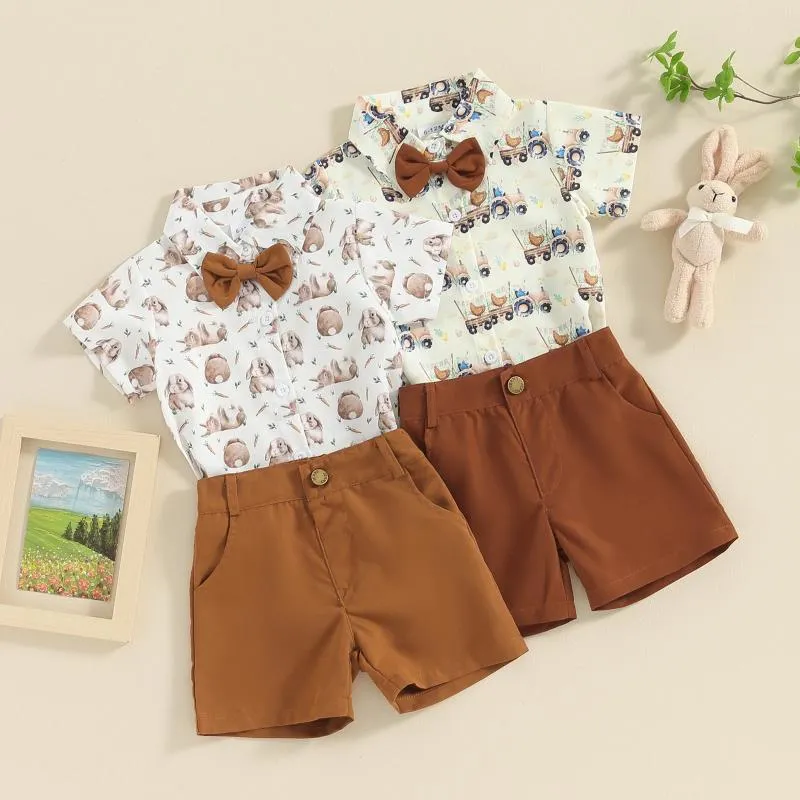 Kledingsets Zomer Pasen Kids Baby Boy Outfits Korte mouw Print Bowtie Shirt Shorts Set Kleding