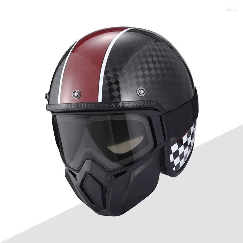 Мотоциклетные шлемы, винтажные женские и мужские низкодоходные шлемы из углеродного волокна с открытым лицом и защитной маской, одобрено с двойной линзой и противотуманным покрытием