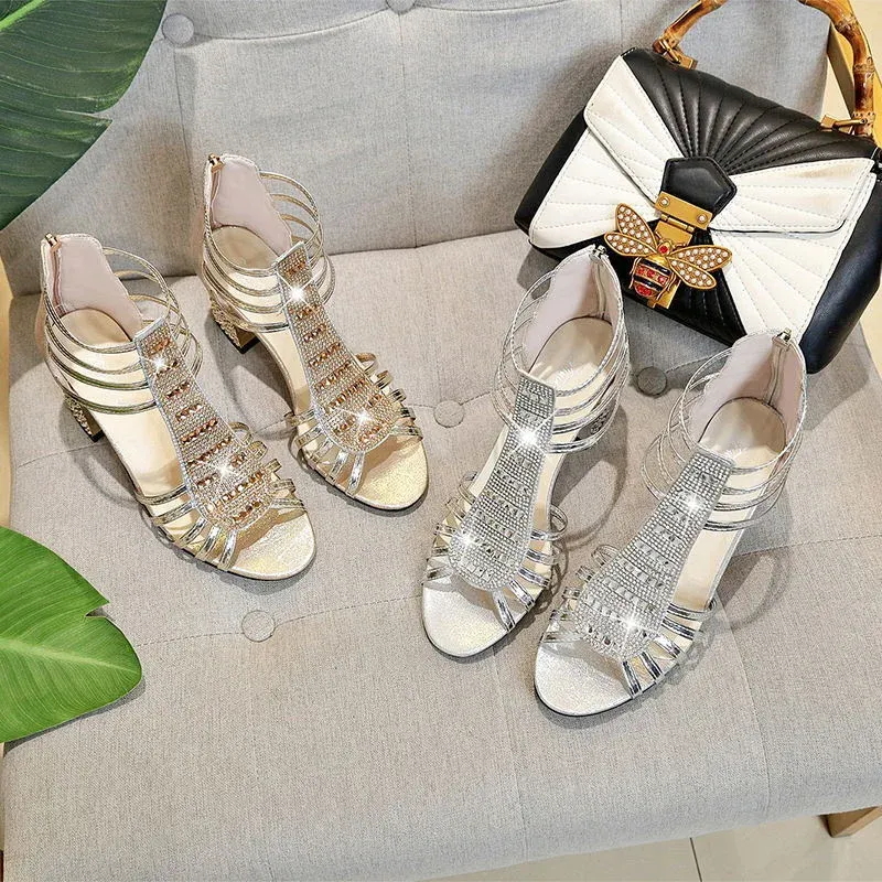 Buty dhinestone złote sandały dla kobiet okrągłe palec u nogi masywne obcasy eleganckie glitter sandały ślubne buty panny młodej kobieta lato 2023 ZIP