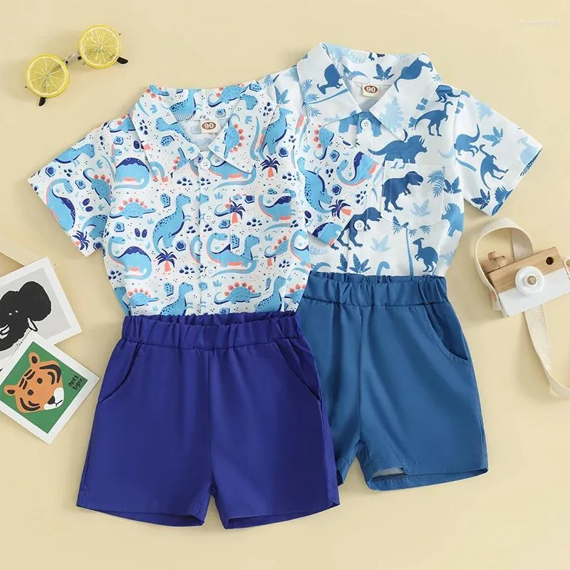 Ensembles de vêtements enfants garçons été Se revers cou manches courtes boutonné hauts taille élastique Shorts enfant en bas âge 2 pièces tenues de dinosaure