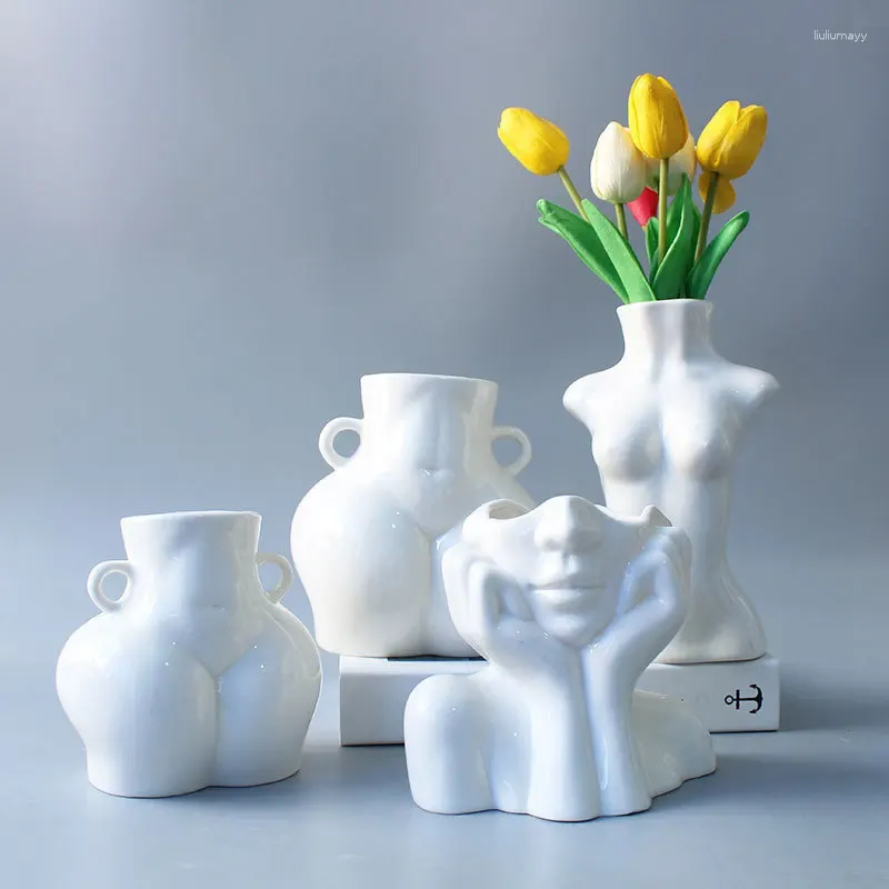 Vasi Nordic Ins Vaso in ceramica Ritratto Corpo umano che riposa il mento sulle mani Desktop Home Soggiorno Decorazione Disposizione dei fiori Arte