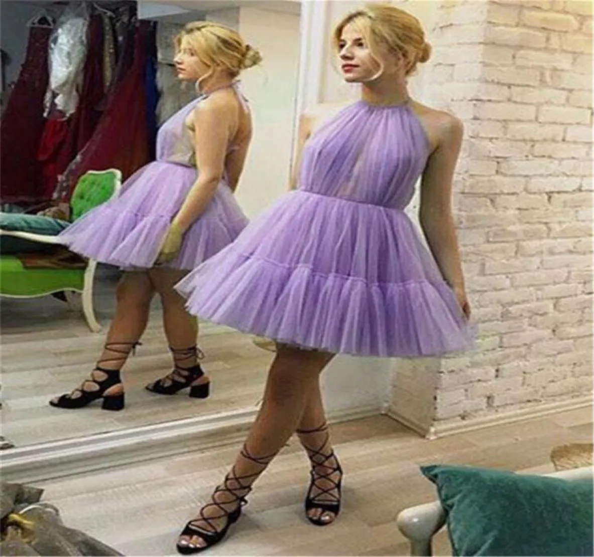 2019 New Lavender Tulle Short Prom Dresses Halter Backless Puffy a Line Summer Invined Party Gowns Aline Cocktail Party Dress3080476