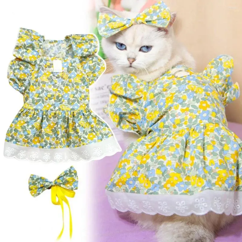 猫の衣装フラワープリントペットドレスプリンセススカートスカートのスカートマッチングヘッドドレス猫のための愛らしい夏の衣装