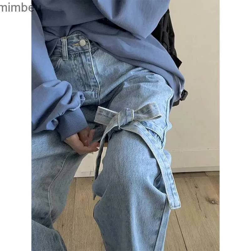 Jeans Femme MEXZT Streetwear Bow Jeans femmes doux Harajuku pansement jambe large Denim pantalon coréen mignon taille haute décontractée pantalon droit NewC24318