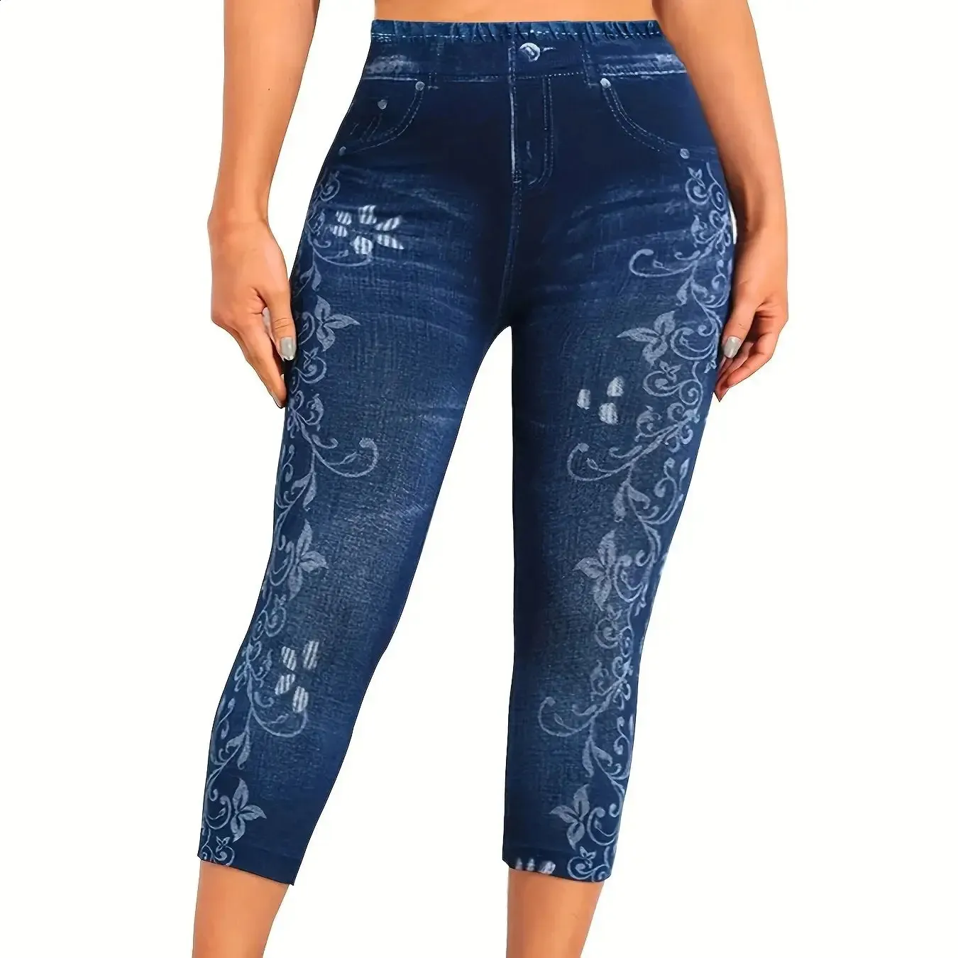 Femmes grande taille sport Leggings dame surdimensionné Denim imprimé fleuri taille haute maigre léger Stretch pantalon serré 240219