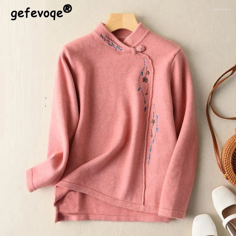 Women's T Shirts Clothing Vintage Chinese Style Embroidery Thicked T-shirts Autumn Winter Female Fashion Long Sleeve Loose Pullover Tops