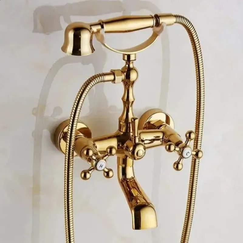 Set di miscelatori per rubinetti per vasca da bagno cromata fissati al muro, tenuti in mano in ottone antico, kit soffione doccia 240314