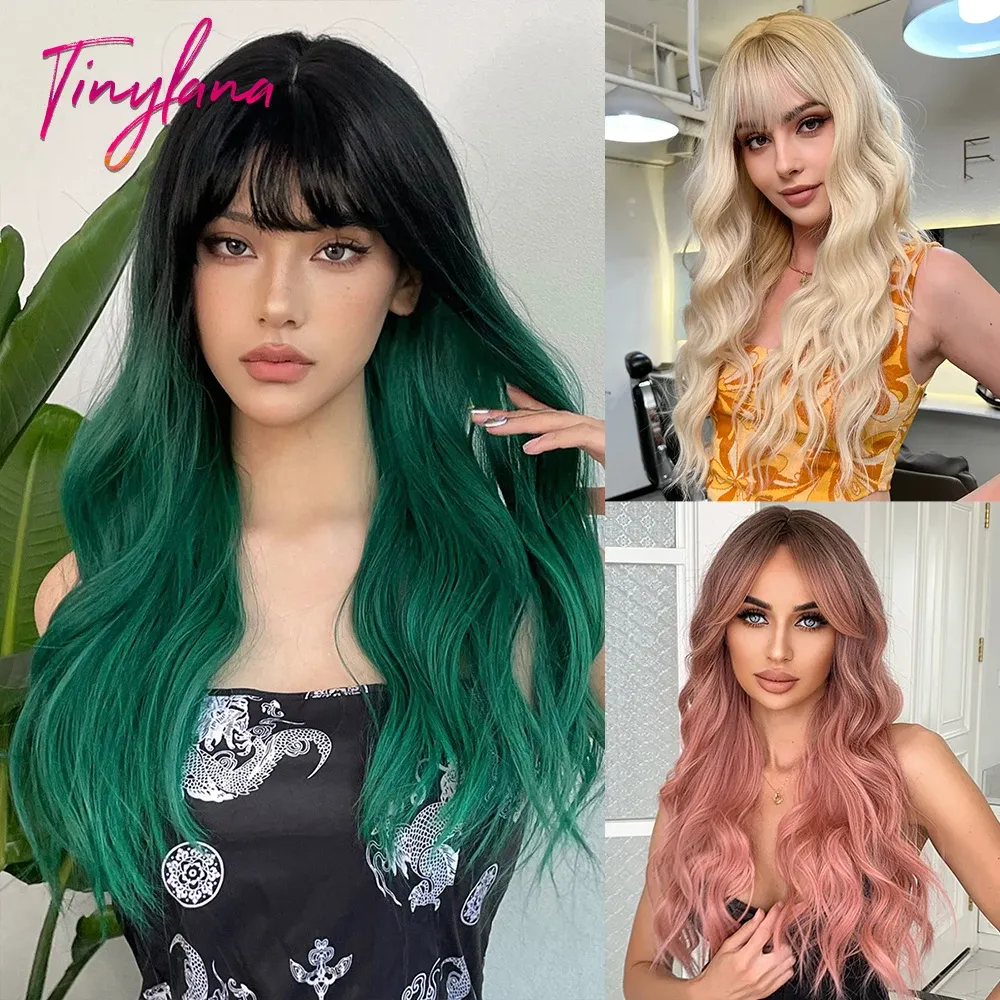 Wigs Long Curly Wavy Forest Green Alpine Synthetic Wigs with Bangs Cosplay for Women Afro Wave Party Halloween Hair Heat Reisitant