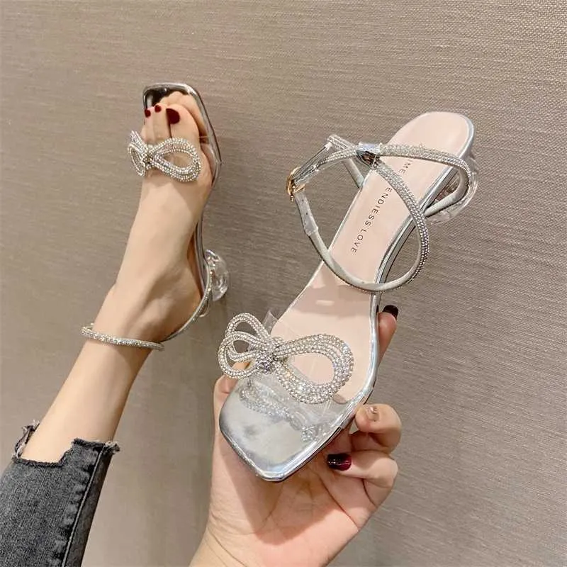 HBP Non-Marque Femmes Strass Bow Mule Talons De Mariage Cristal Brillant Bride À La Cheville Dos Nu Robe Chaussures Bout Pointu Bobine Talon Sandales