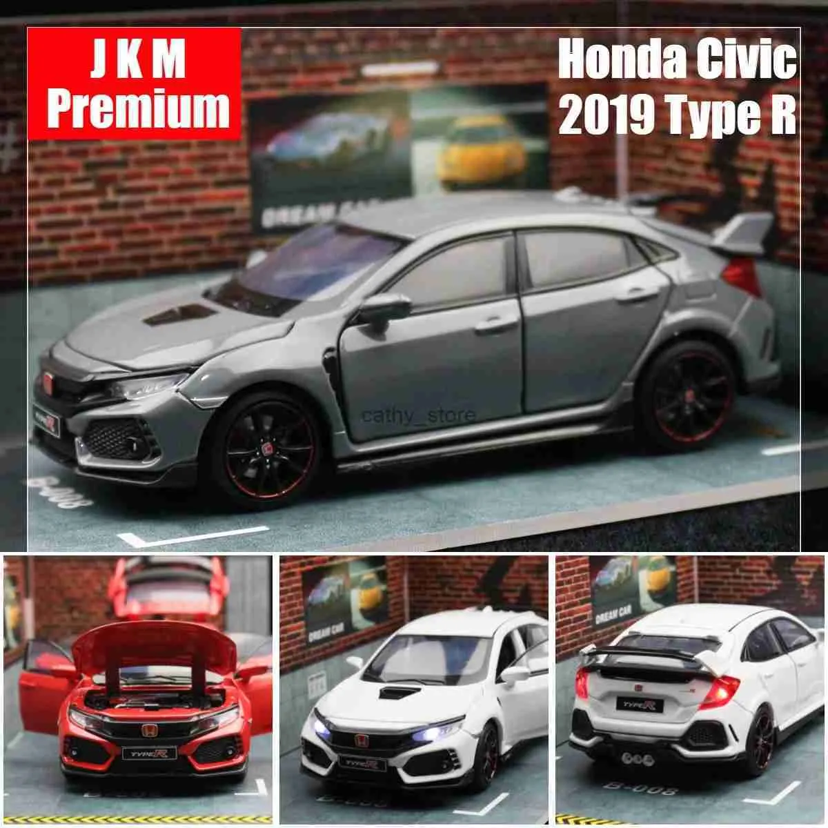 Diecast Model Cars 1/32 Honda Civic Type R Toy Car For Children Diecast Miniature Model Pull Back Doors Openable Sound Light Collection Gift BoysL2403