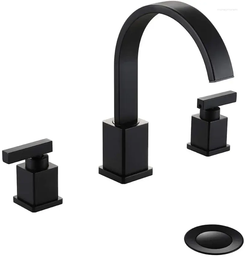 Bathroom Sink Faucets Top Quality Brass Faucet 2 Lever Handle 3 Holes 8 Inch Widespread With -Up Drain (Matte Black)
