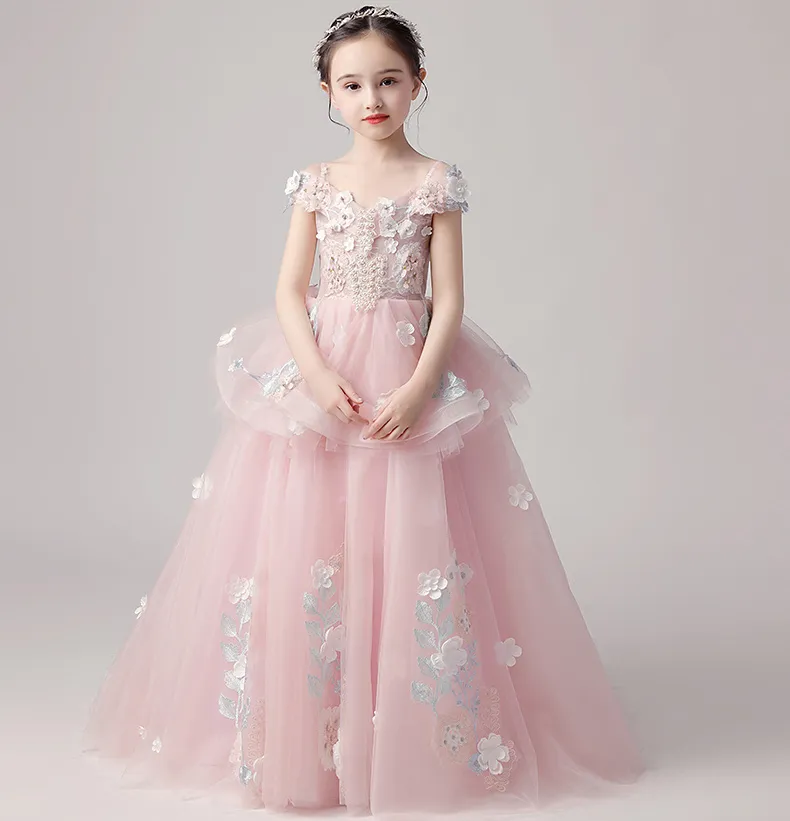 Artystyczny różowy tiul offshoder Applique Koraliki Flower Girl Dress Girl's Controse sukienki imprezowe/urodzinowe sukienki dziewczyna spódnica niestandardowa SZ 2-12 D318014