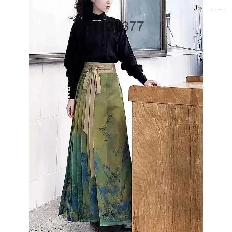 Gonne Tradizionale quotidiano Hanfu Abito da donna in stile cinese Manica ricamata Gonna a pieghe con faccia di cavallo Abbigliamento da strada di moda {JWO7