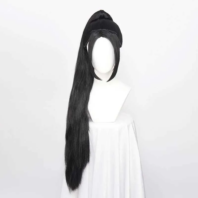 Synthetic Wigs ccutoo wig Valorant Sage Cosplay Wig Long Black Women Wig with Removable Ponytail Synthetic Hair Heat Resistant Halloween 240318