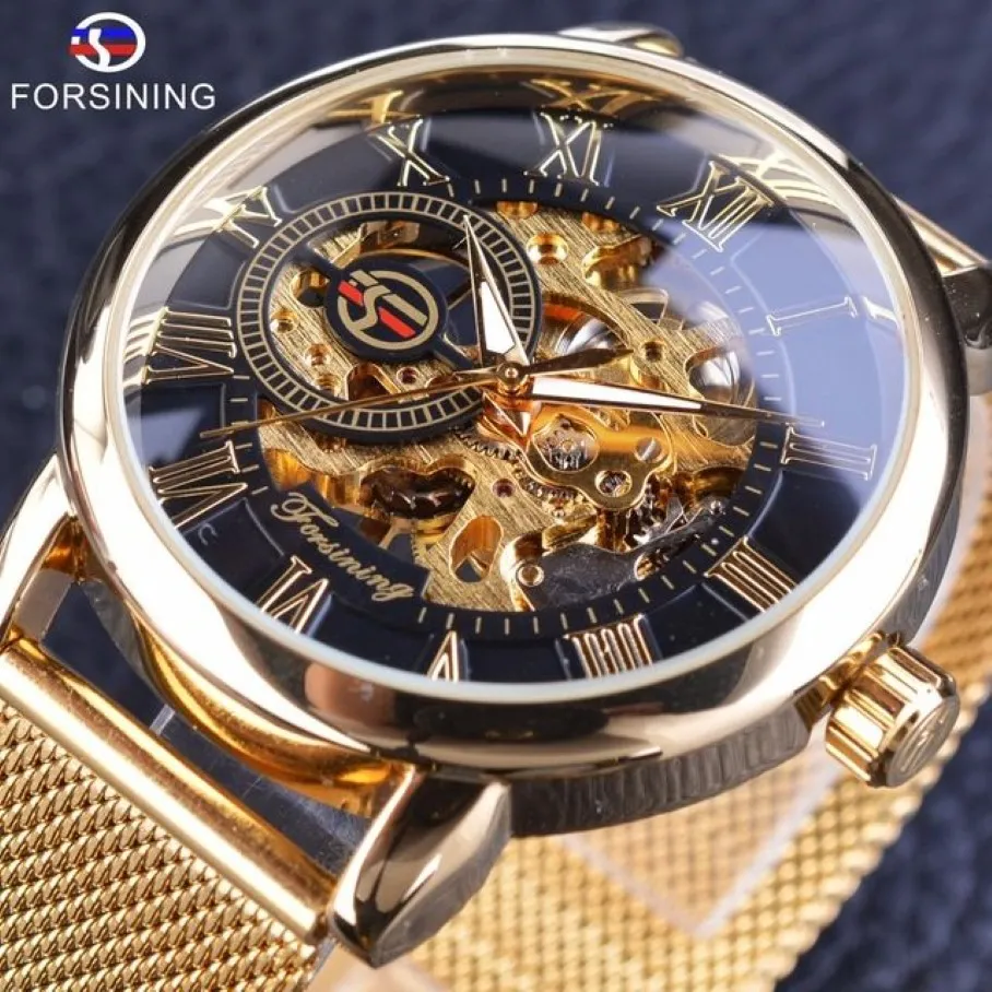 Forsining Transparante Kast 2021 Mode 3D Logo Graveren Gouden Roestvrij Staal Mannen Mechanisch Horloge Topmerk Luxe Skeleton Wa277o