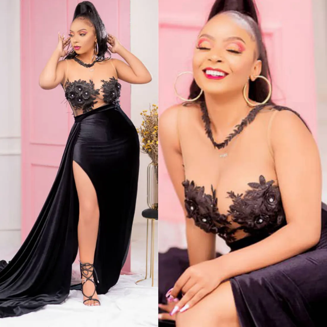 2024 Aso Ebi Plus Size Robes de bal Sirène pour les femmes noires Col transparent Sexy Side Split Soirée Robes formelles pour des occasions spéciales Robe d'anniversaire en dentelle perlée AM571