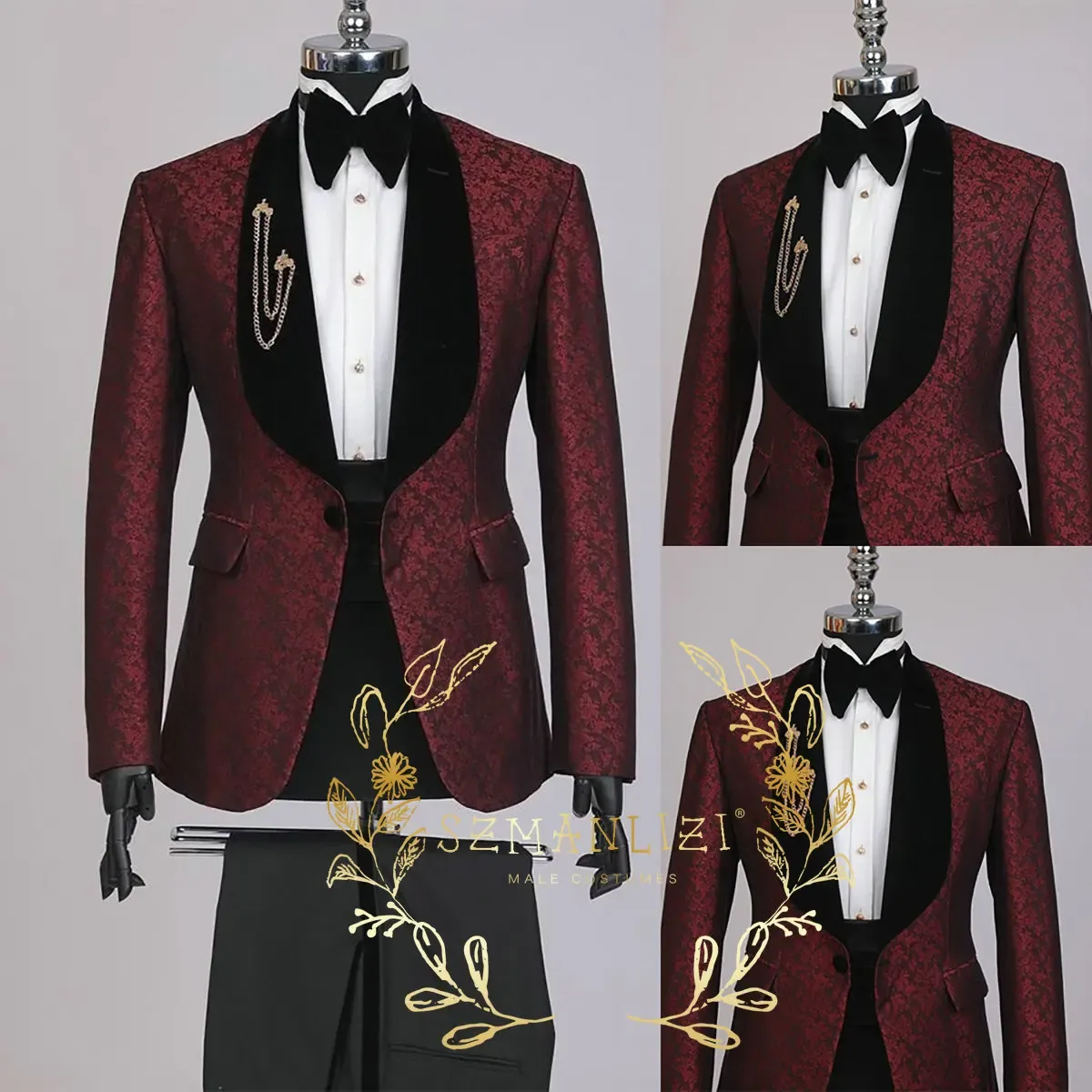 Abiti 2023 Classico Formale Business Party Abiti da Uomo 2 Pezzi Borgogna Jacquard Modello Smoking Dello Sposo per La Cerimonia Nuziale Costume Giacca Sportiva Pantalone