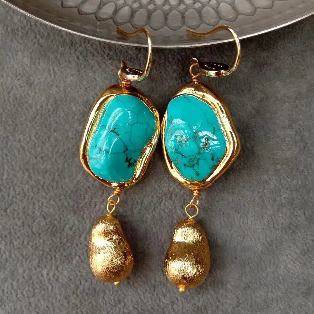 Yygem Blue Turquoise Nugget Shape Gold Plated Borsted Bead Dangle Hook Earrings Office Style For Women 240305