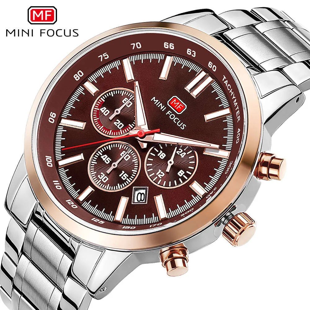 MINI FOCUS Marke Stahlband Multifunktionale Quarz Wasserdichte Herrenuhr 0133G