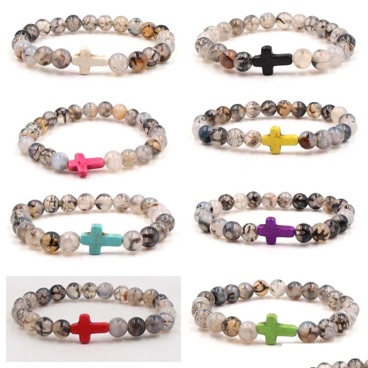 Pärlstav bk cross charms 8mm svart drake mönster stensträng pärla yoga buddha armband för kvinnor män smycken droppleverans armband dhpjy