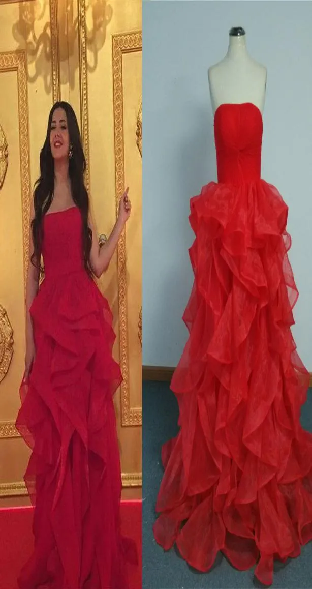 2015 Red Cheap Celebrity Dresses A Line Strapless Tiers Skirt Floor Length Red Carpet Evening dresses Real Pos5675628