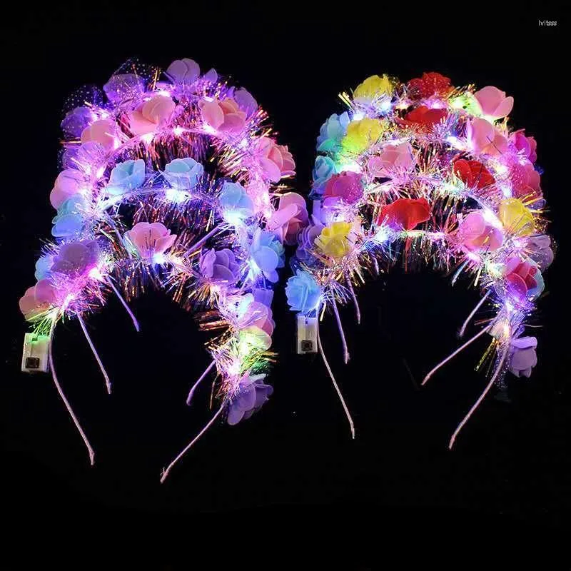 Decoração de festa 12pcs LED Flash Flower Headband Mulheres Menina Acenda Cabelo Grinalda Brilho Hairband Rave Aniversário Casamento Natal Navidad