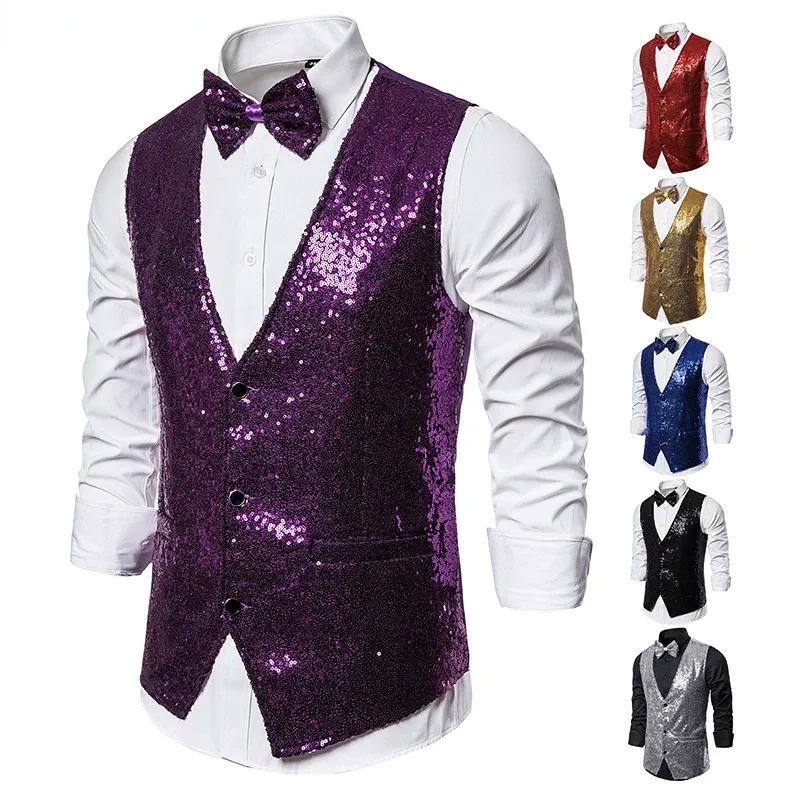 Kamizelki 2 sztuki Purple Sequin kamizelka z Bowtie Slim Fit V Szyjka bez rękawów kamizelka męska impreza sceniczna