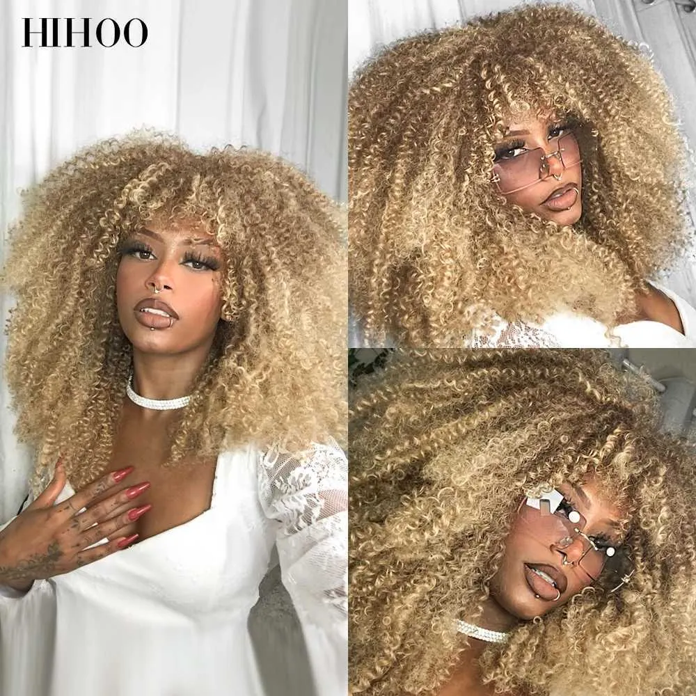 Synthetic Wigs Short Hair Blonde Wigs Afro Kinky Curly Wig With Bangs For Black Women Cosplay Lolita Synthetic Natural Glueless Brown Mixed 240329