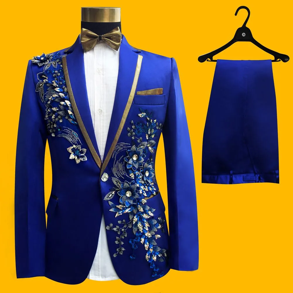 (jas + broek + vlinderdas + riem) mode pakken set bruidegom bruiloft prom feest rood zwart blauw slanke kostuums blazers bloem formele kleding show bar