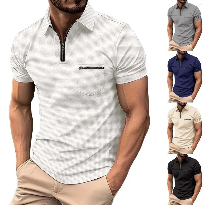 Camisetas masculinas moda primavera e verão casual manga curta zíper lapela cor sólida elastano grosso para homens