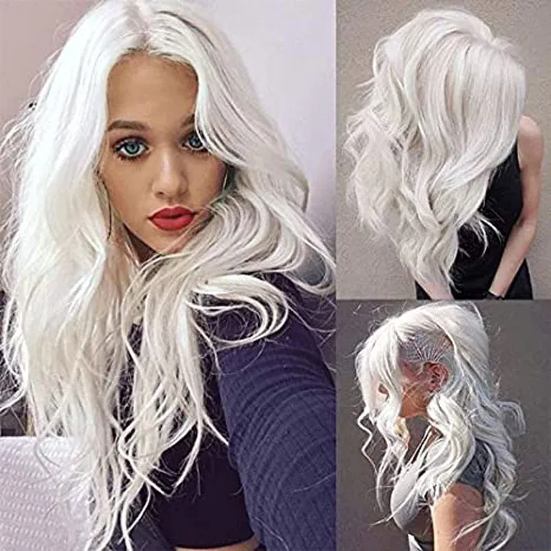 Perruques WHIMSICAL W perruque longue ondulée blanc argenté pour femmes avec reflets partie centrale naturelle perruques de cheveux synthétiques perruques résistantes à la chaleur