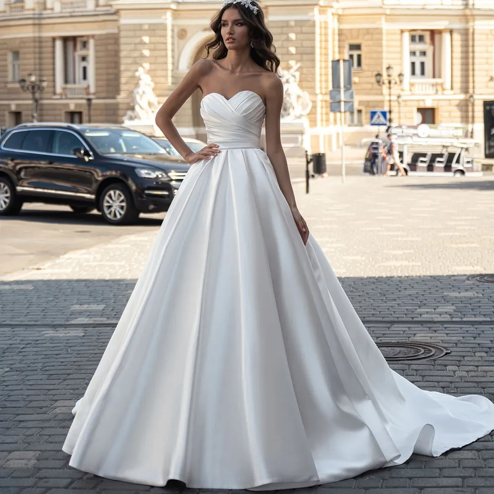 Simple Princess A-line Wedding Dress 2024 Sweetheart Pleats Satin Bride Formal Gowns Vestidos De Novias Robe De Mariage