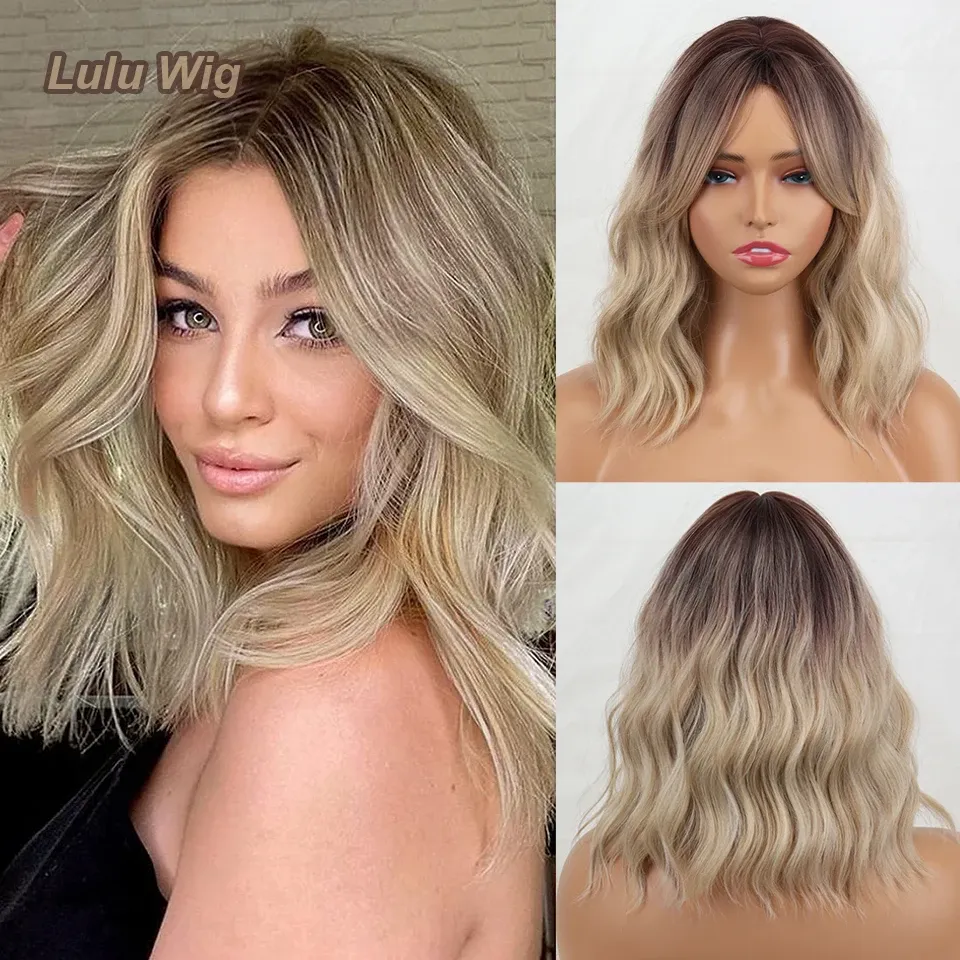 Perruques synthétiques à frange marron ombré blond pour femmes, perruque courte naturelle ondulée Blonde cendrée, utilisation quotidienne pour Cosplay, résistante à la chaleur