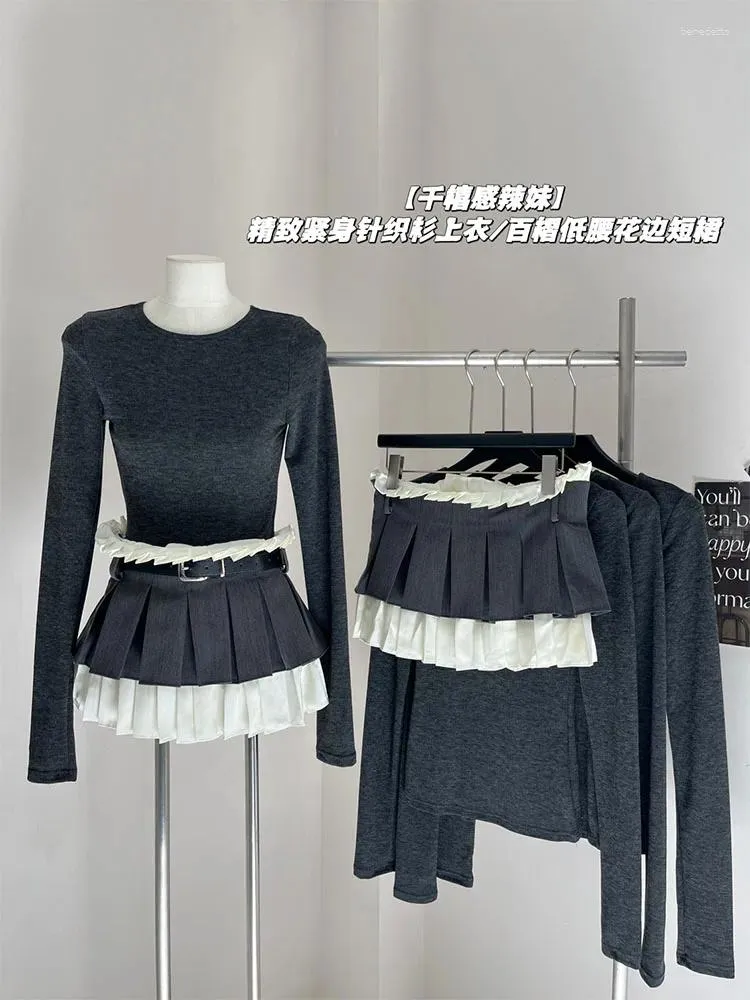 Sukienki robocze Koreańskie stroje mody 2 -częściowy zestaw spódnicy szary dzianinowe wierzchołki niski kontrast tali