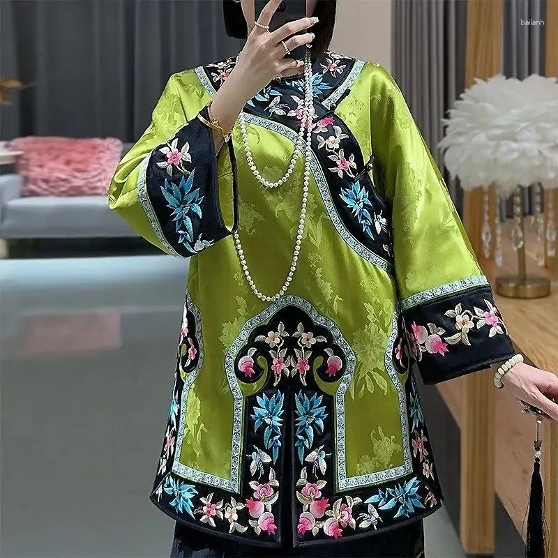 Etnische kledingstijl Verbeterde Han Qing Cheongsam Halflange top Dames Retro Machineborduurwerk Losse acetaat Ronde hals