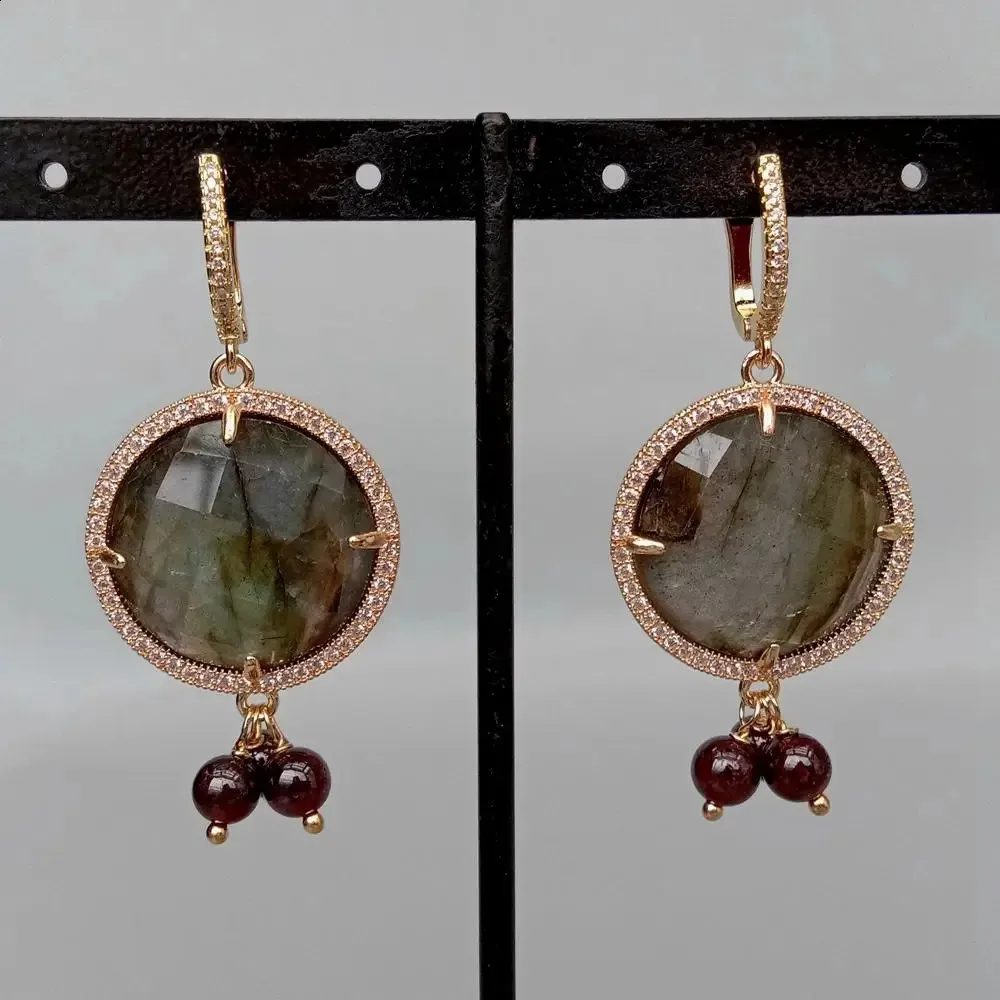 Yygem Natural Stone Drop Earrings 26mm naturligt fasetterat mynt Labradorite Garnet Dingle Earring Gems Stone 240305